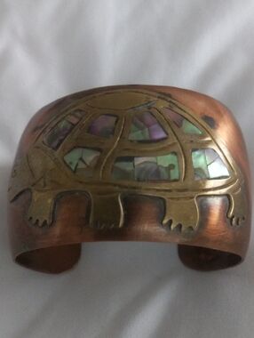 Tortoise Inlay Copper Cuff Bracelet with Abalone Shell